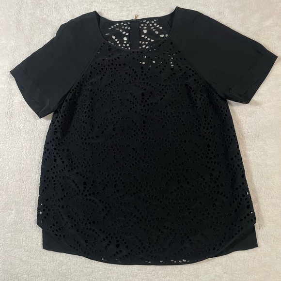 Rebecca Taylor Short Sleeve Hi Low Hem Silk Eyelet T-Shirt Black Women's Size 6 - Picture 1 of 8